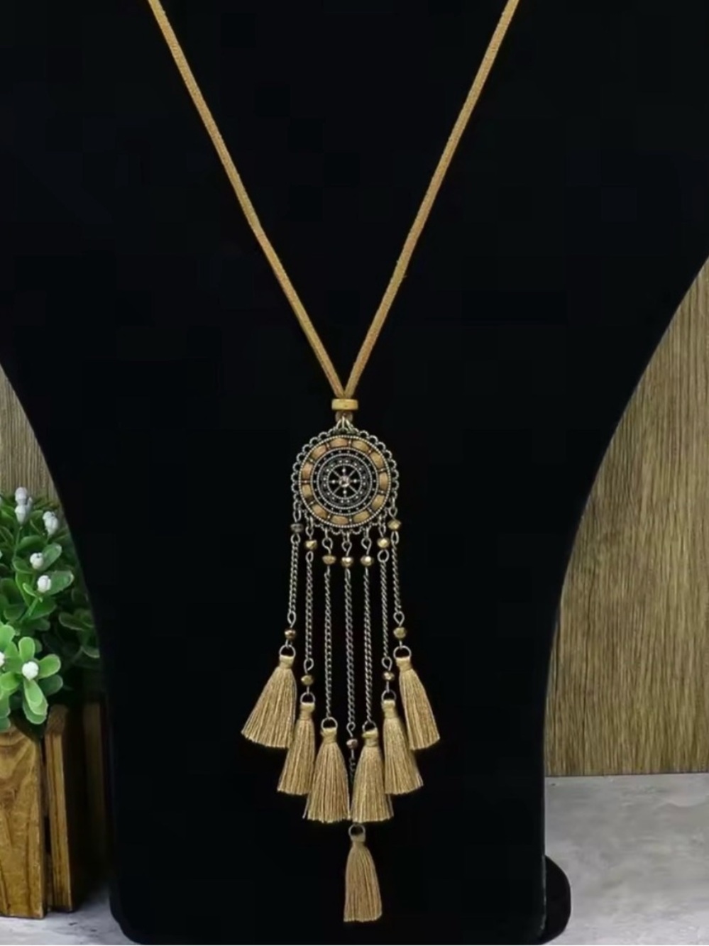 Anthropologie Vintage Ethnic Wheel Tassel Long Necklace